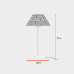 Measurement chart of a Natural Cane Table Lamp with dimensions labeled on a white background