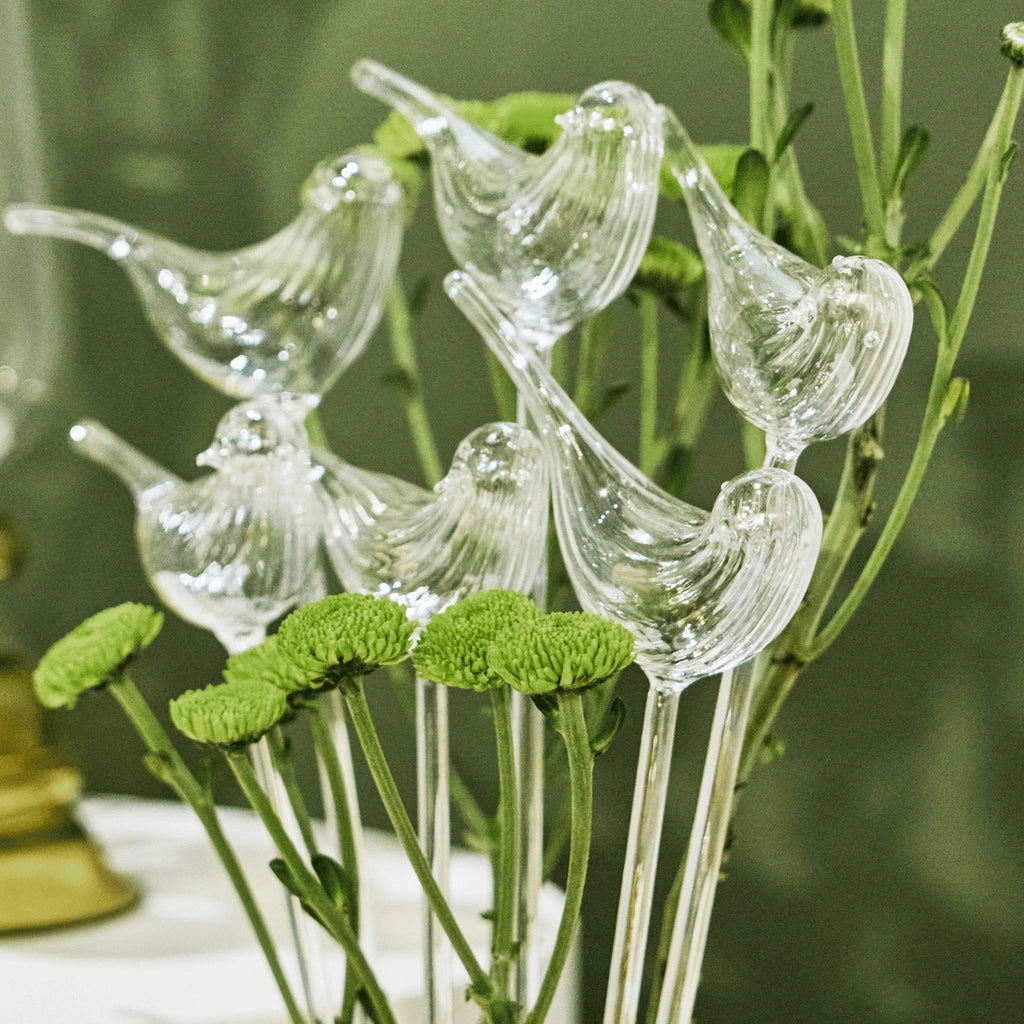 Handmade glass bird sculptures, fluted detail, unique home accessory