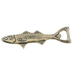 Bronze Brass fish-shaped bottle opener on a white background