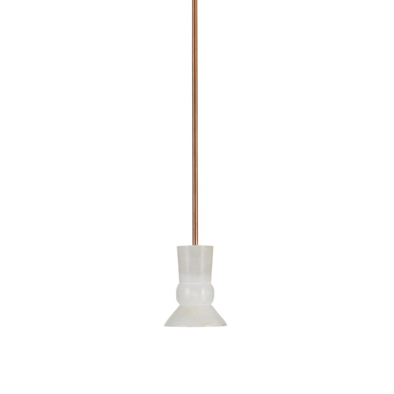 A gold-colored alabaster pendant light with a white diffuser and a sleek steel column