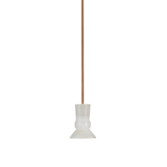 A gold-colored alabaster pendant light with a white diffuser and a sleek steel column