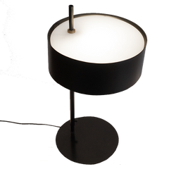 Svelte Scandi Table Lamp, made of metal black shade and base, featuring a slender stem and a circular mounting base.