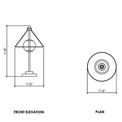 Technical drawings of a table lamp with front elevation and plan views with dimensions