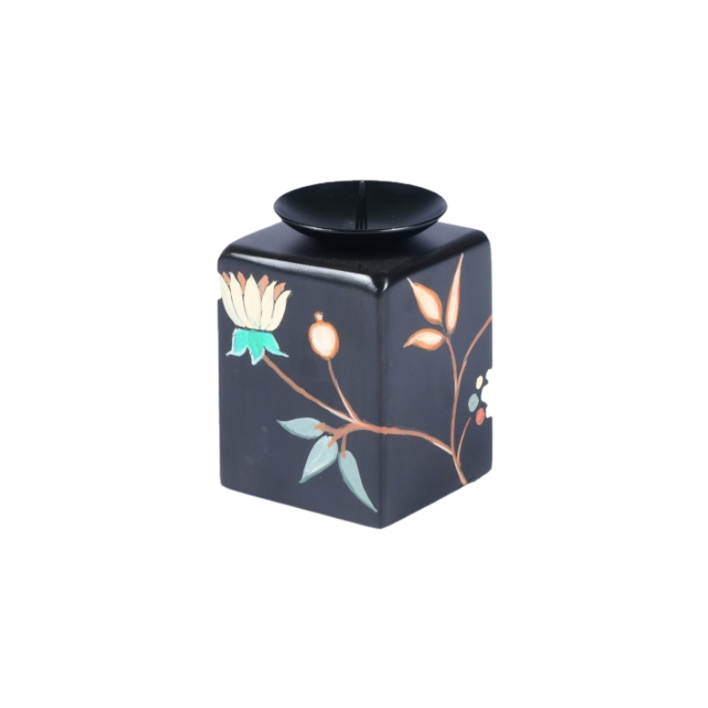 Black Beauty Candle Holder in small size with floral design on a white background