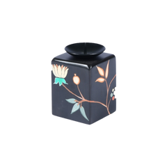 Black Beauty Candle Holder in small size with floral design on a white background