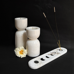 Unique Incense Holder with 2 Candles in White Alabaster