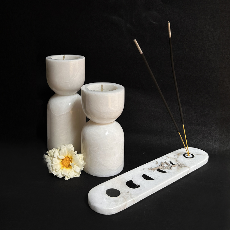 Incence Holder and Candle in White Alabster