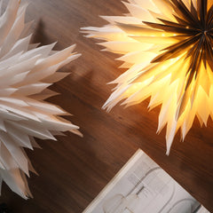 2 star-shaped snowflake flower lights placed one with warm light glow.