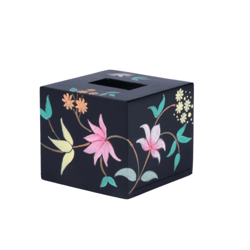 A small square shaped Black Beauty Tissue Box holder with hand-painted floral designs on all sides.