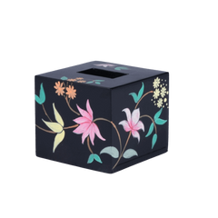A small square shaped Black Beauty Tissue Box holder with hand-painted floral designs on all sides.