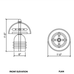 Technical drawing of a table lamp with front elevation and plan views on a white background
