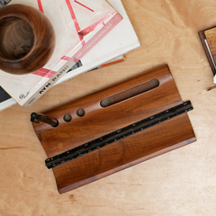 Top view of taksh desk organizer made from reclaimed teak wood.