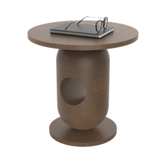 A modern round wooden side table with a cylindrical pedestal base, featuring a circular cutout on the front. A black spiral notebook and eyeglasses are placed on top.