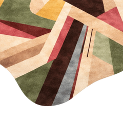 Geometric patterned rug with multicolor design on a white background