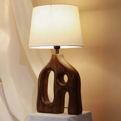 Orion Wooden Table Lamp with designer wooden base and white shade with warm light