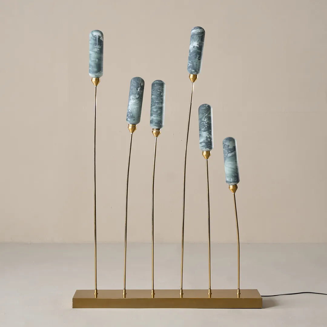 Kinara Outdoor Floor Lamp in gold and green, uniquely hand-finished marble-effect glass