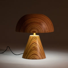 Unique Wooden table lamp with a warm glow on a dark background