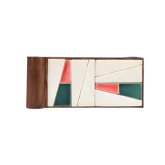 Tea Rose Candle Holder like a rectangular wooden box with geometric ceramic design on a white background