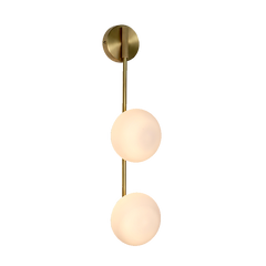 A wall-mounted link wall sconce with a brass base and two spherical glass light covers.