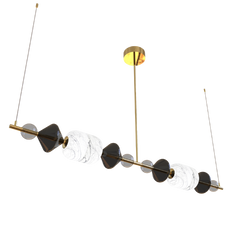 Designer chandelier light with black and clear glass elements hanging with metal rod
