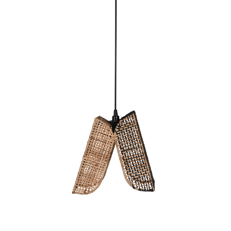 Woven pendant light fixture on a white background