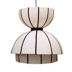 Pendant light with striped design -subtle fabric folds on shade and slender black suspension detail