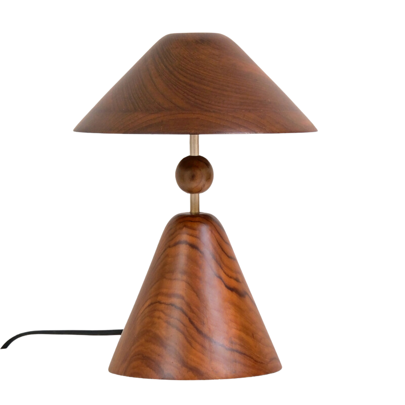 Nuit Table Lamp with a conical design made of wood on a white background