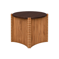 Kyvor Side Table front view, white ash panels with dark circular top and woven cane leg detailing