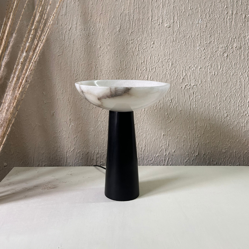 White Alabaster and Stone and Matte Black Stainless Steel Bedside Table Lamp