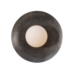 A wall sconce with a crescent shape and a central opal glass diffuser, finished in a brushed brass finish.