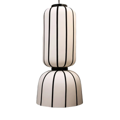 Pendant lamp with black and white shade material and black suspension ring, minimalistic lantern inspired design