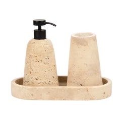 Eara Dispenser Set - Three-Piece Set Cut-Out, Porous Beige Travertine with Black Pump