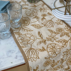 Rosabelle Chintz Ochre Table Runner close-up of floral embroidery on cotton slub