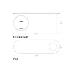 Technical dimension drawing of a modern desk with front elevation and plan views, showing measurements of 6'0" by 2'6" and 6'0" by 1'9" on a white background.