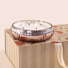 Illume - Lid Jar & Bowl Candle - Lavender & Breeze - Set of 2, lit three-wick mercury glass bowl on gift box