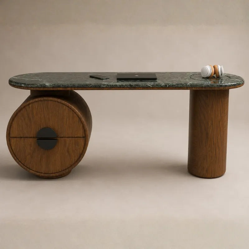 A modern wooden coffee table with a dark green marble top and a cylindrical wood base, shown against a neutral beige background.