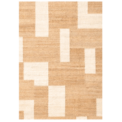 Beige and white geometric patterned rug on a white background