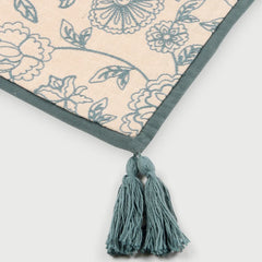 Rosabelle Chintz Teal Table Runner close-up of microvelvet border and teal tassel