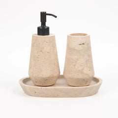 Otel Travertine Dispenser Set - Three-Piece Set on White Background, Beige Travertine with Black Pump
