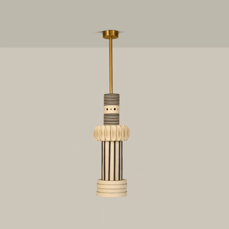 Totem Pendant Light III, striped ceramic column with ribbed collar on brass stem, full view