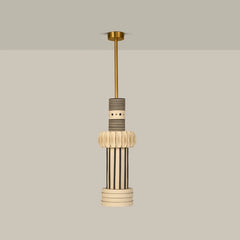Totem Pendant Light III, striped ceramic column with ribbed collar on brass stem, full view