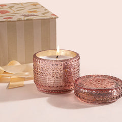 Illume - Lid Jar & Bowl Candle - Lavender & Breeze - Set of 2, lit rose patterned glass jar with lid, close-up