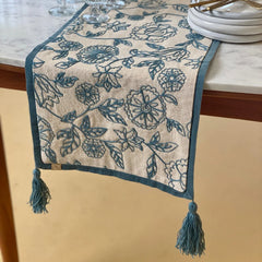 Rosabelle Chintz Teal Table Runner end drop with tassels over table edge