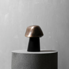 A sculptural mushroom-shaped object with a metallic bronze cap and a matte black stem, displayed on a round gray pedestal against a light gray textured wall.