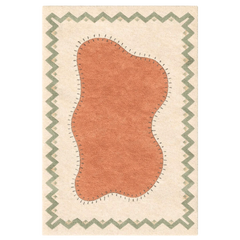 Rust-colored rug with a zigzag border on a beige background