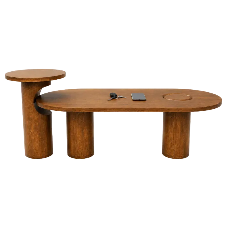 A modern wooden coffee table with a curved oval top, thick cylindrical legs, and an attached round side table on the left, shown on a plain white background.
