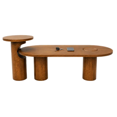 A modern wooden coffee table with a curved oval top, thick cylindrical legs, and an attached round side table on the left, shown on a plain white background.