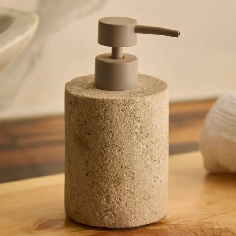 Marble Soap Dispenser - Indian Travertine - On Wooden Counter, Textured Beige Stone with Taupe Pump