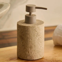 Marble Soap Dispenser - Indian Travertine - On Wooden Counter, Textured Beige Stone with Taupe Pump