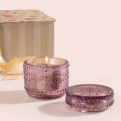 Illume - Lid Jar & Bowl Candle - Tuberose & Orchid - Set of 2, lit mauve patterned glass jar with lid, close-up
